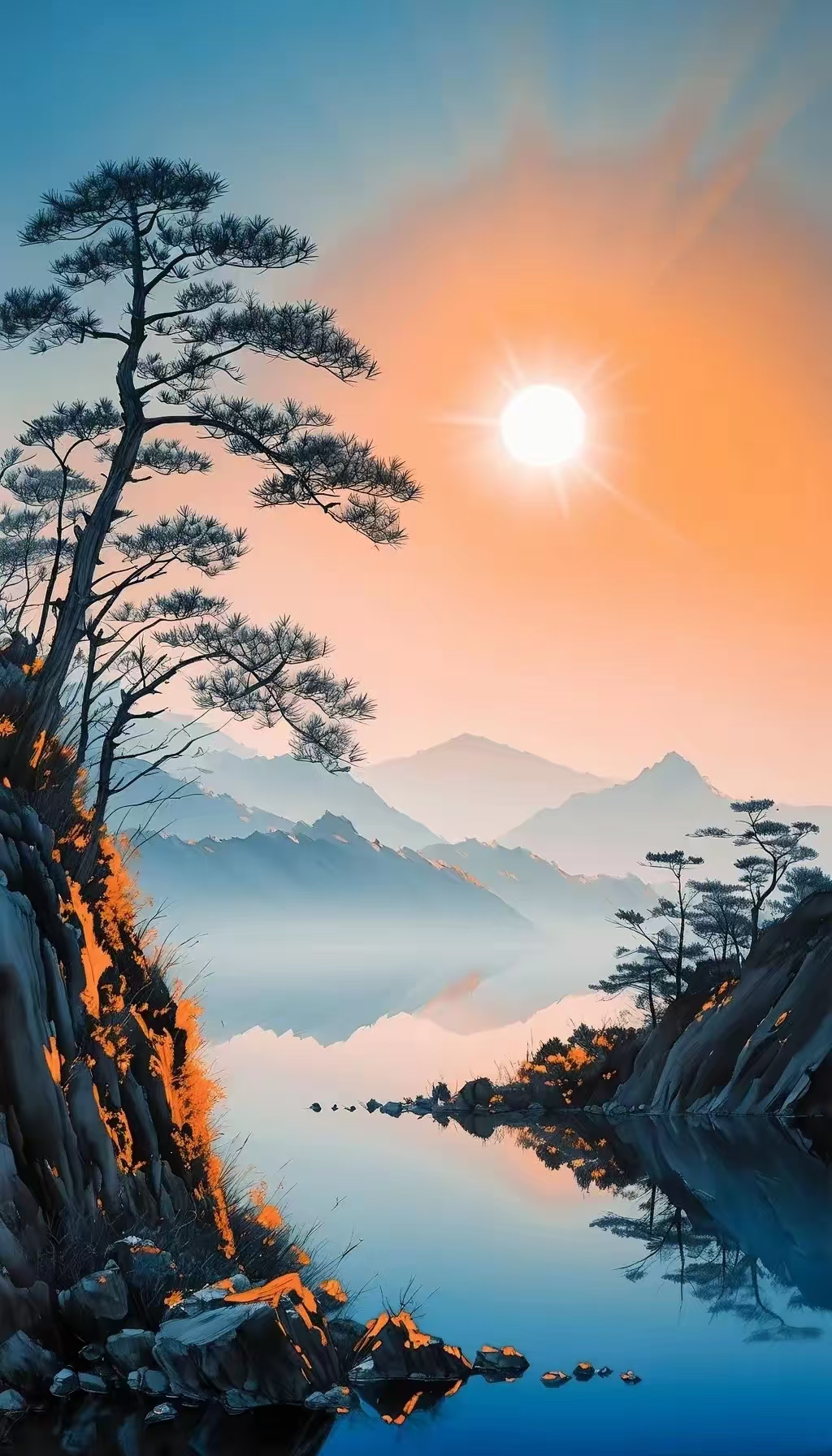 云起时，山水如画。日落前，夕阳晚霞!