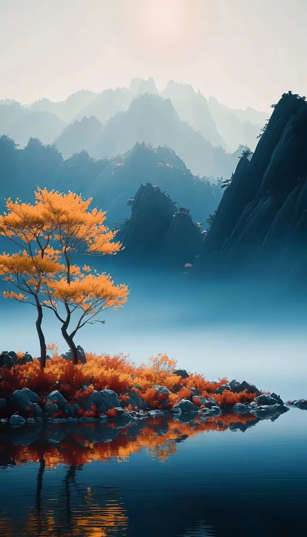 云起时，山水如画。日落前，夕阳晚霞!